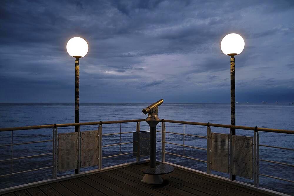 Germany, Heringsdorf, 22.07.2023, Kaiserbaeder, sea view, lamps, telescope, Europe