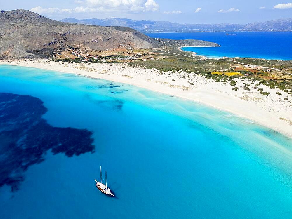 Drone shot, double bay of Simos beach, Sarakiniko beach, Elafonisos, Deer Island, Laconia, Peloponnese, Ionian Islands, Ionian Sea, Greece, Europe