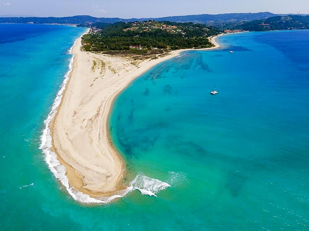 Aerial view with lighthouse, Cape Possidi, Kassandra, Chalkidiki, Greece, Europe