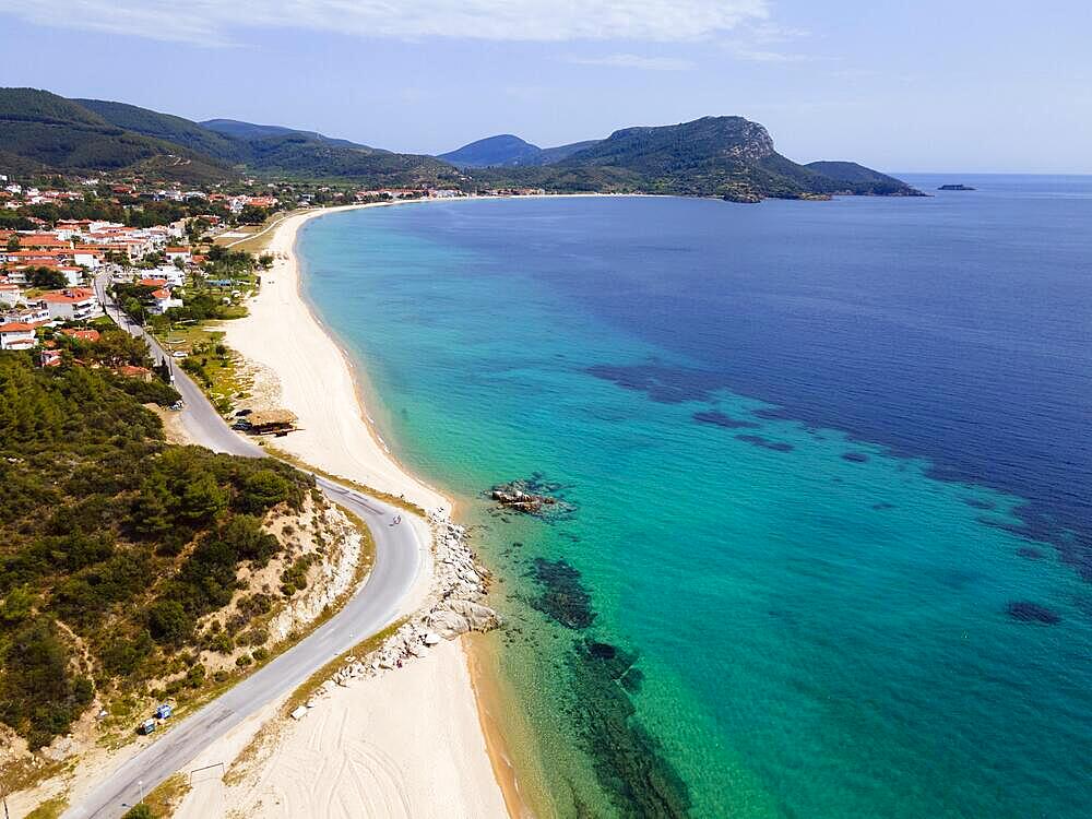 Aerial view, beach, Toroni, Torone, Sithonia, Chalkidiki, Central Macedonia, Greece, Europe