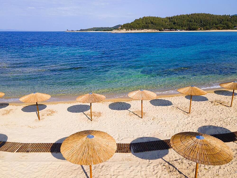 Aerial view, sunshades, Ema beach, Toroni, Torone, Sithonia, Chalkidiki, Central Macedonia, Greece, Europe