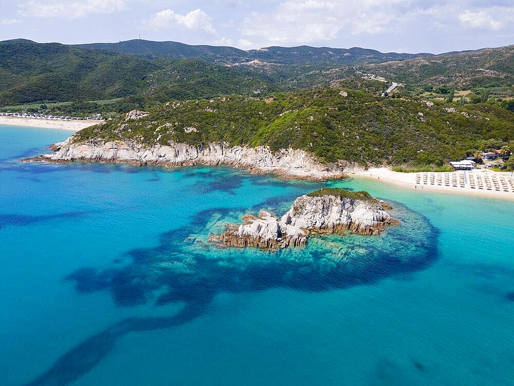 Aerial view, rocks and beach, Kalamitsi, Sithonia, Chalkidiki, Central Macedonia, Greece, Europe