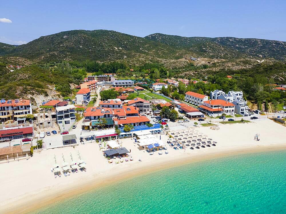 Aerial view, beach, Kalamitsi, Sithonia, Chalkidiki, Central Macedonia, Greece, Europe