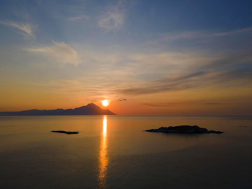 Aerial view, sunrise, view of Mount Athos, Orthodox monastic republic with autonomous status under Greek sovereignty, taken from Kriaritsi, Sithonia, Chalkidiki, Central Macedonia, Greece, Europe