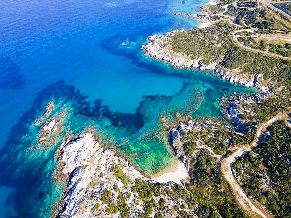 Aerial view, Prassou beach, Kriaritsi, Sithonia, Chalkidiki, Central Macedonia, Greece, Europe