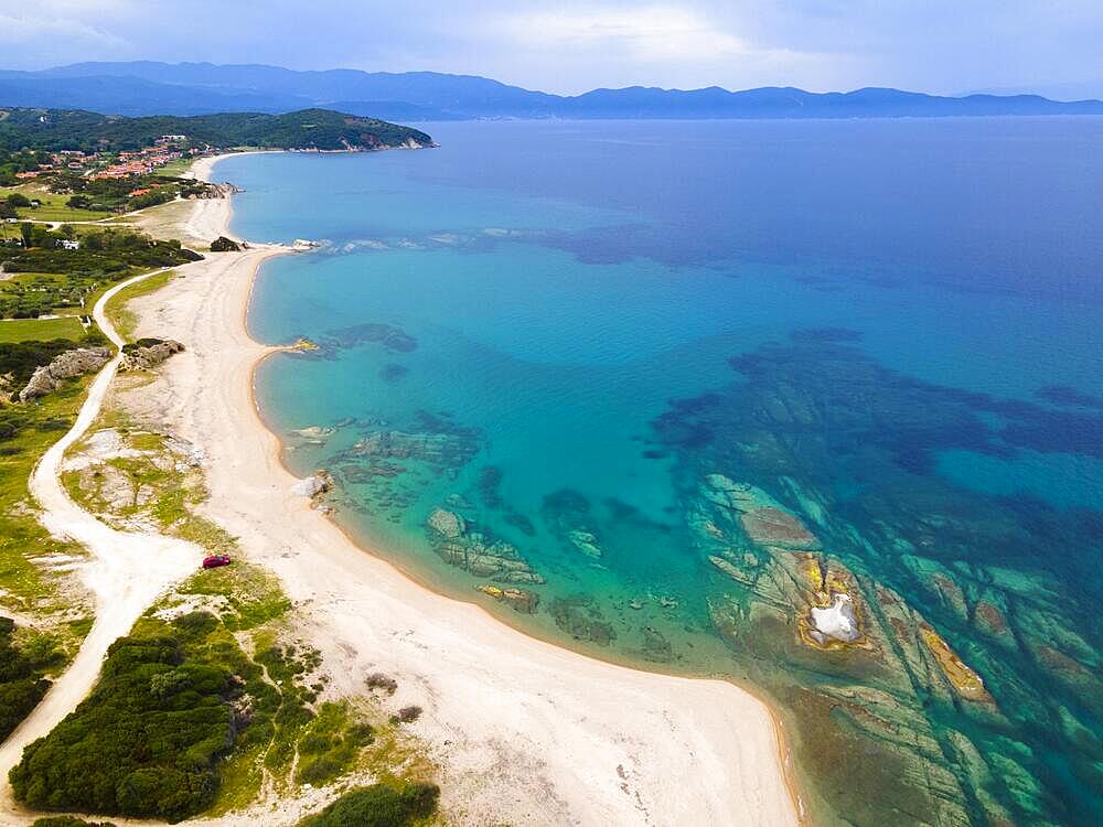 Aerial view, beach, Kakoudia, Ierissos, Sithonia, Chalkidiki, Central Macedonia, Greece, Europe