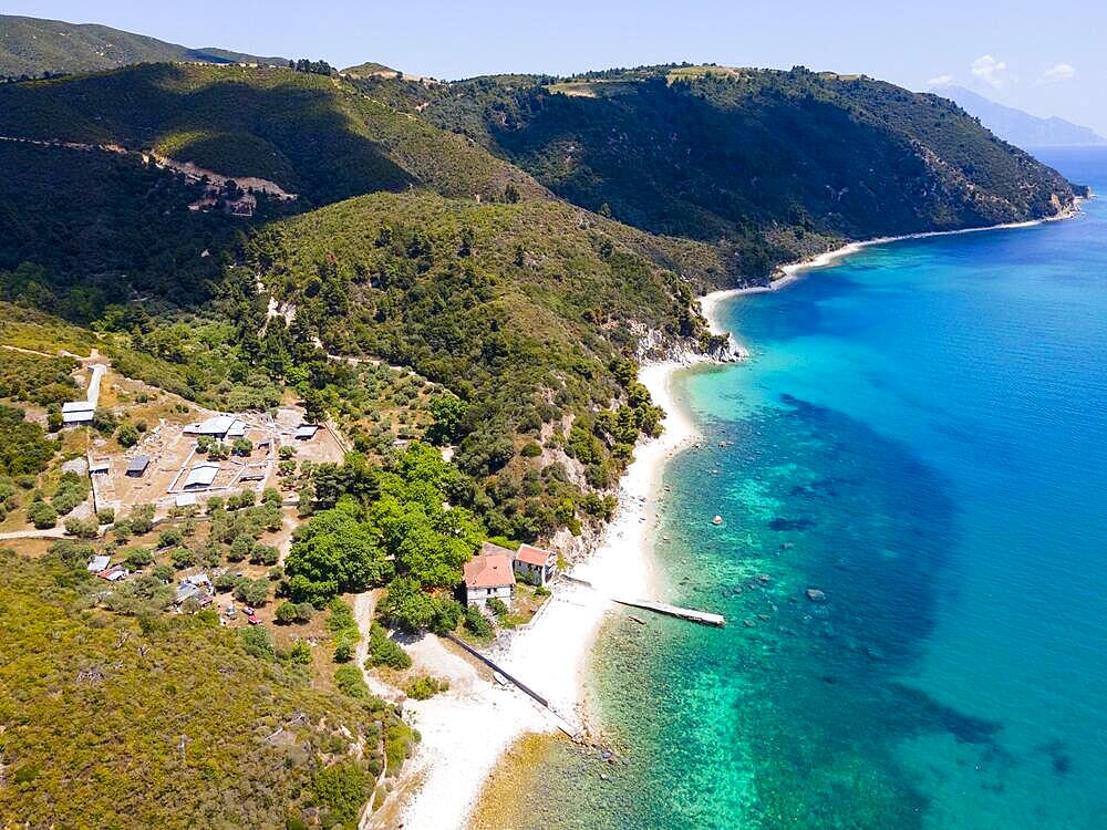 Aerial view, Arsanas Chromnitsas, Mount Athos, Orthodox monastic republic with autonomous status under Greek sovereignty, Athos Peninsula, Halkidiki, Central Macedonia, Greece, Europe