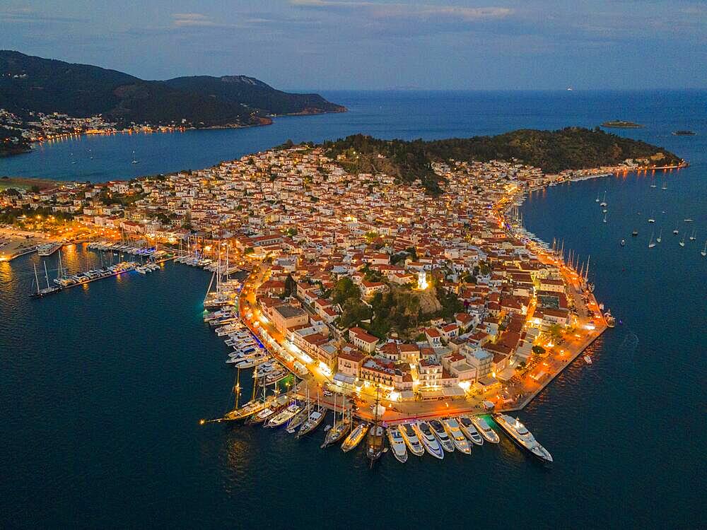 Aerial view, blue hour, Poros, Poros Island, Saronic Islands, Peloponnese, Greece, Europe