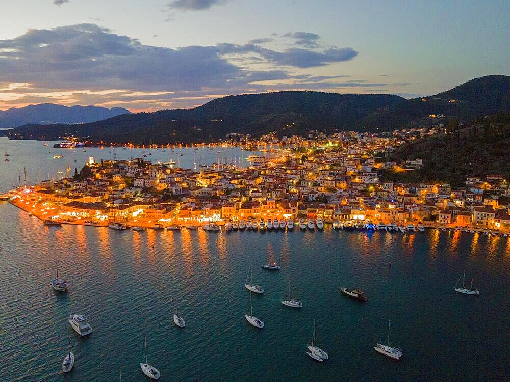 Aerial view, blue hour, Poros, Poros Island, Saronic Islands, Peloponnese, Greece, Europe