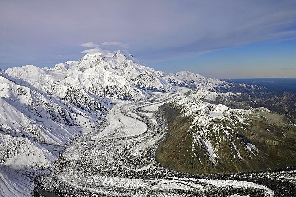 Aerial view of the Alaska Mountain Range with a view of Denali with Muldrow Glacier, Alaska, USA, North America