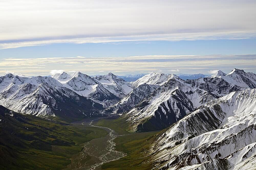 Aerial view of the Alaska Mountain Range with Toklat River Valley, Alaska, USA, North America