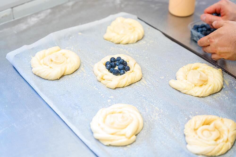 Baker of bakery in the workshop workshop of artisan bakery preparing the buns before baking and putting blueberries