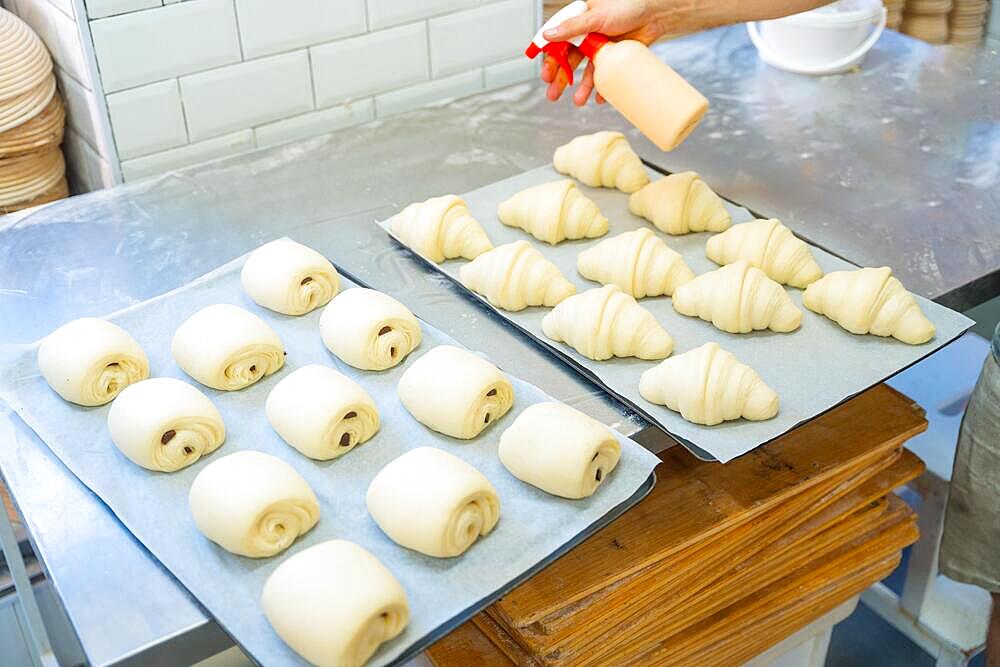 Baker of bakery in the workshop workshop of artisan bakery preparing croissant for baking with a spray bottle