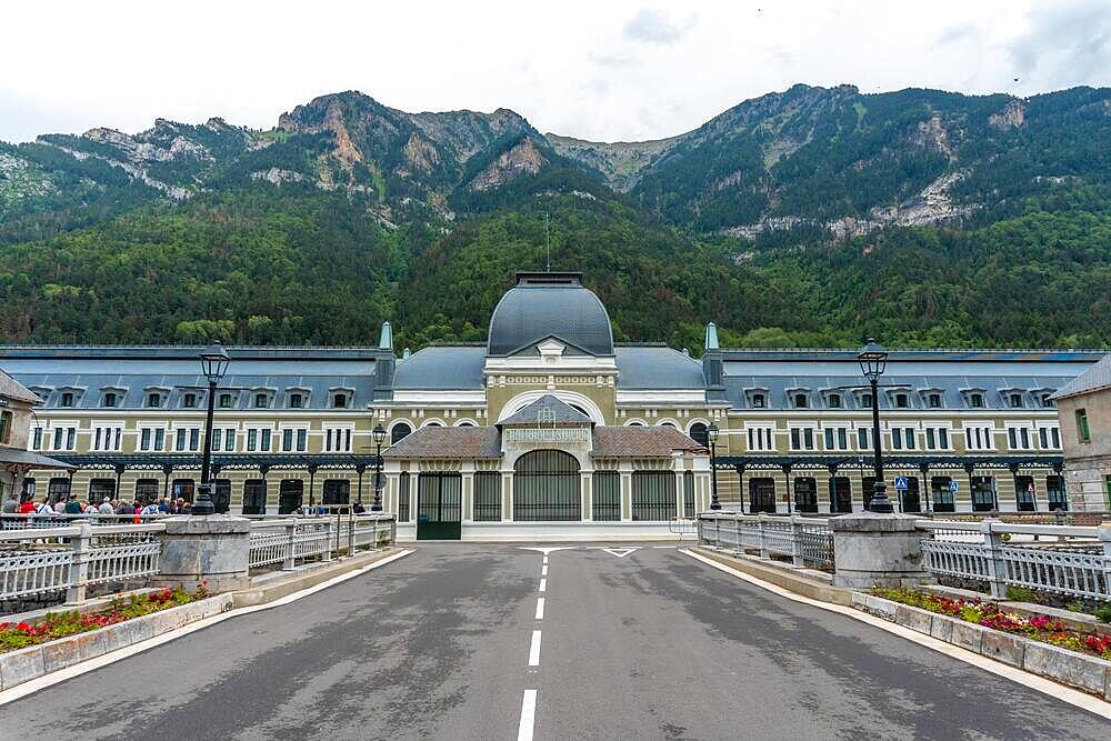 View of the old Canfranc train station in the Aragonese Pyrenees. Spain