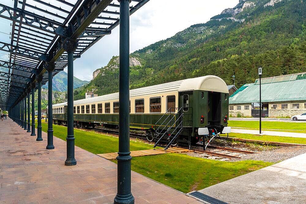 Restored wagons at the old Canfranc train station in the Pyrenees. Spain