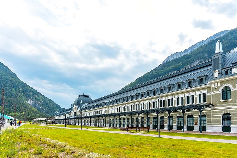 Panoramic view of the old Canfranc train station in the Aragonese Pyrenees. Spain