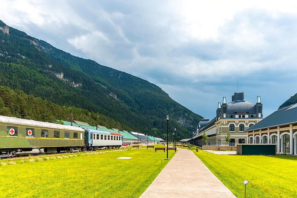 View of the old wagons in the old train station of Canfranc in the Pyrenees. Spain