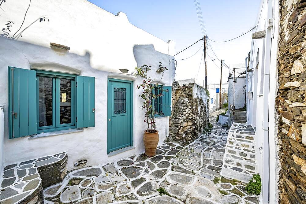 White Cycladic houses with blue doors and windows and flower pots, picturesque alleys of the village of Lefkes, Paros, Cyclades, Greece, Europe