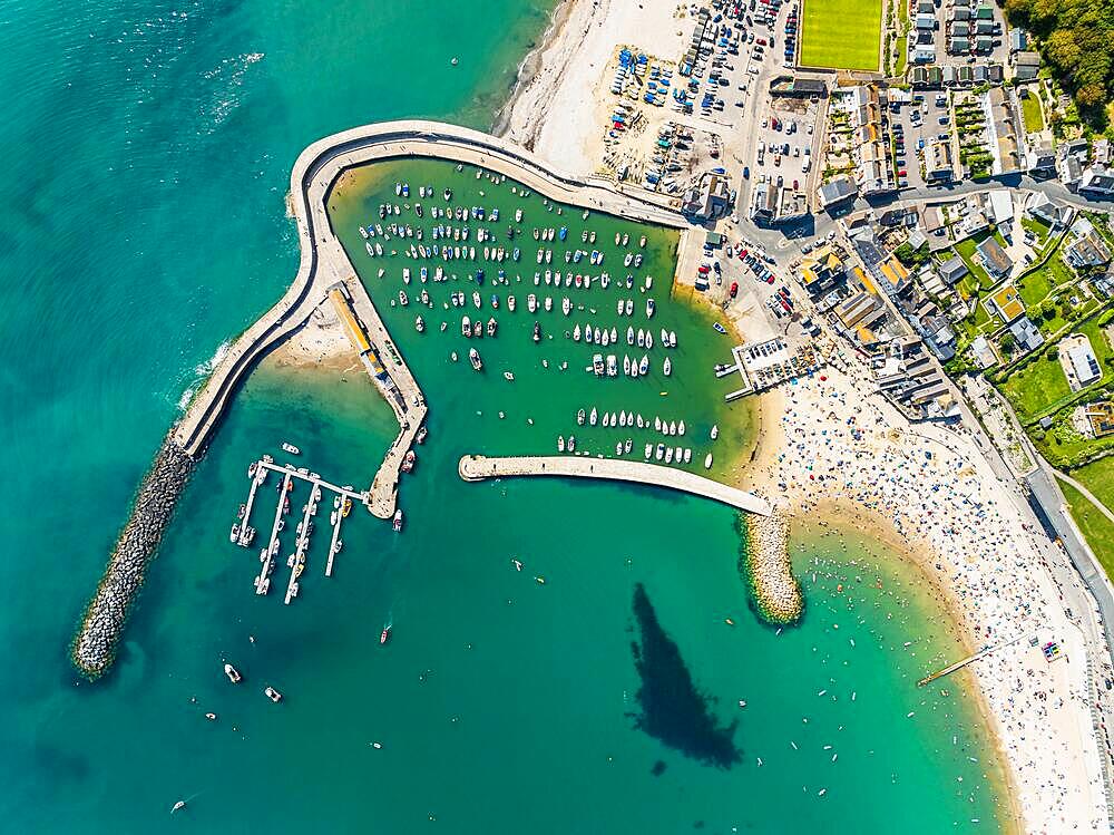 Top Down over Marine and Beach from a drone, Lyme Regis, Jurassic Coast, Dorset, England, United Kingdom, Europe