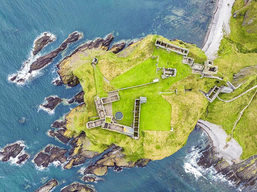 Aerial view of Dunnottar Castle ruins on the North Sea coast, Stonehaven, Aberdeenshire, Scotland, United Kingdom, Europe