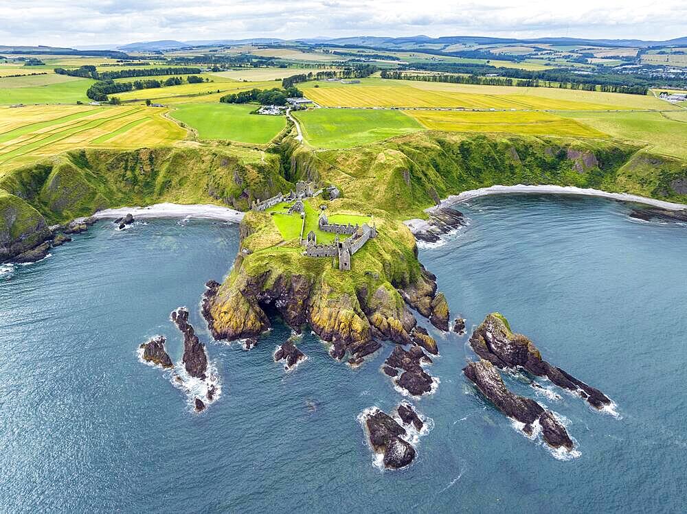 Aerial view of Dunnottar Castle ruins on the North Sea coast, Stonehaven, Aberdeenshire, Scotland, United Kingdom, Europe