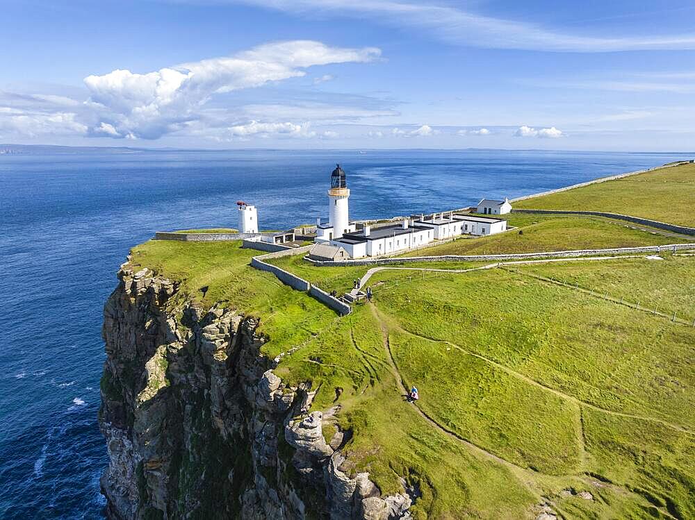 Aerial view of Dunnet Head with the lighthouse, the northernmost point of the British main island, County Caithness, Scotland, Great Britain