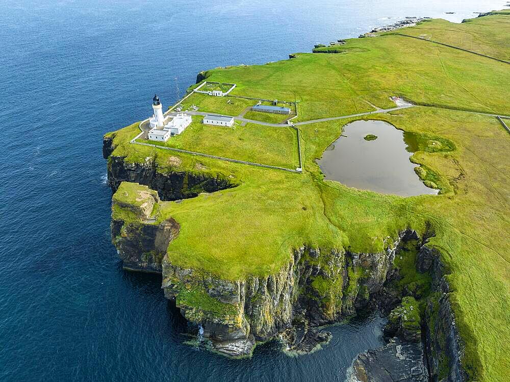 Aerial view of the lighthouse at Noss Head, North Sea coast, Wick, County Caithness, Scotland, United Kingdom, Europe