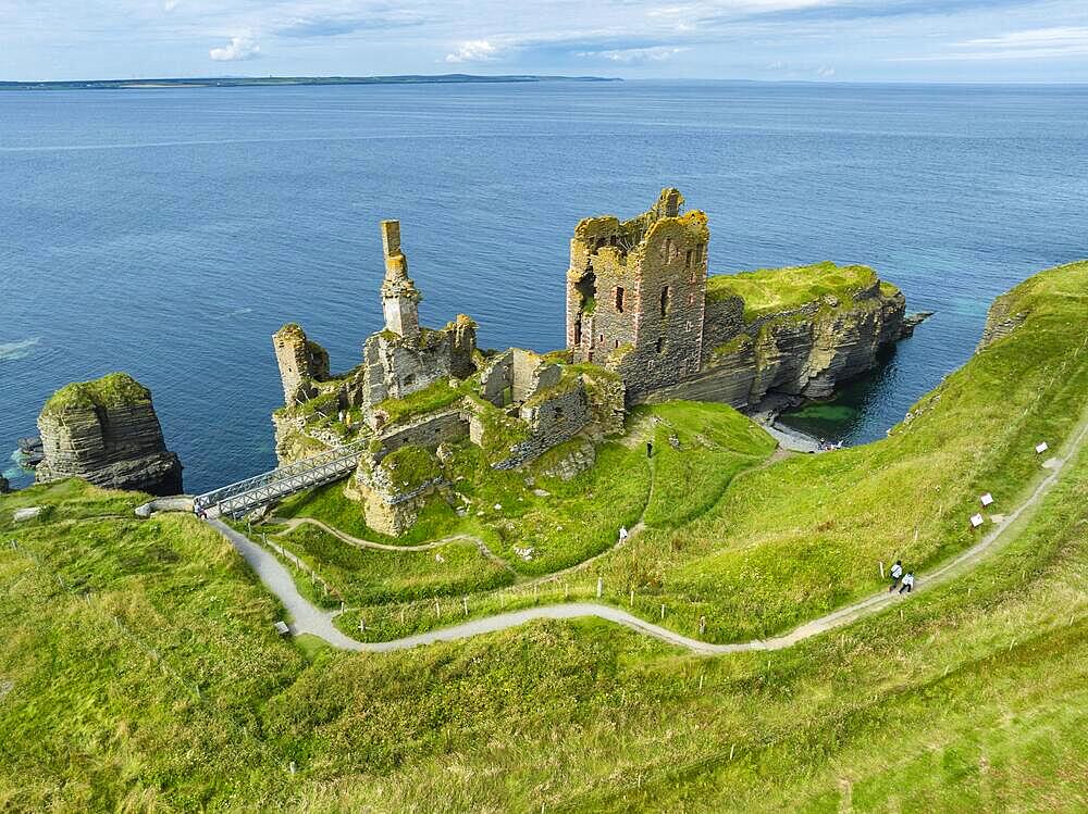 Aerial view of Girnigoe and Sinclair Castle ruins, rock castle on the North Sea coast, Wick, County Caithness, Scotland, United Kingdom, Europe