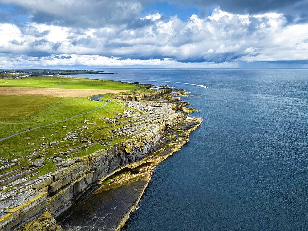 Aerial view of rugged cliffs on the North Sea coast, Wick, County Caithness, Scotland, United Kingdom, Europe