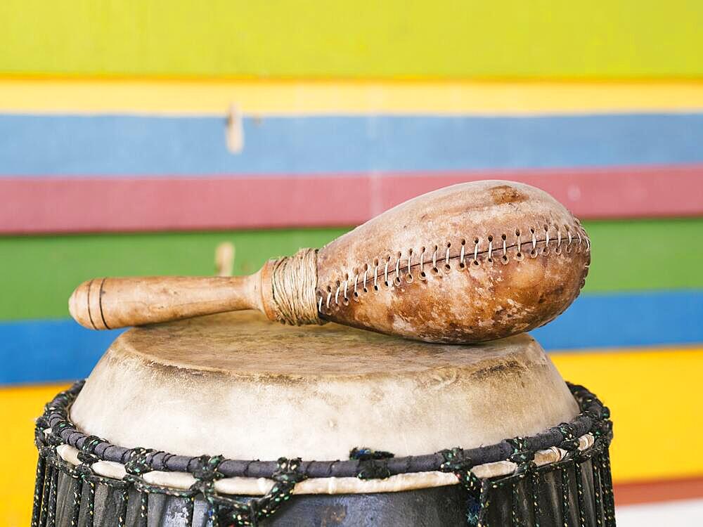 Percussion instruments with colorful wall