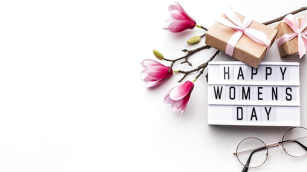 Happy women s day lettering white background with copy space