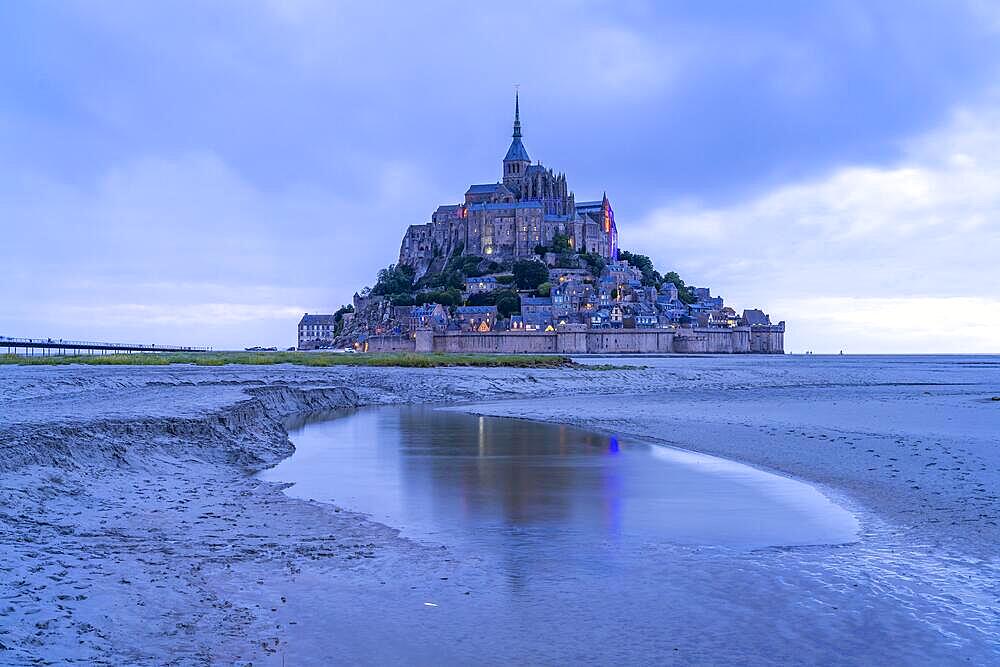 The monastery mountain Mont Saint-Michel at dusk, Le Mont-Saint-Michel, Normandy, France, Europe