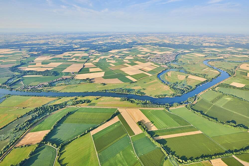 Aerial view over danubia river, the fields and forests near Woerth an der Donau, Regensburg, Bavaria, Germany, Europe