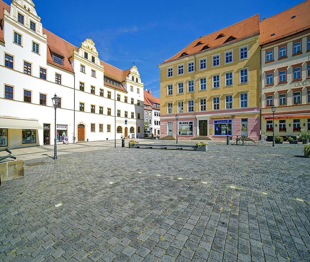 Market square with town houses and Mohren pharmacy, Torgau, Saxony, Germany, Europe