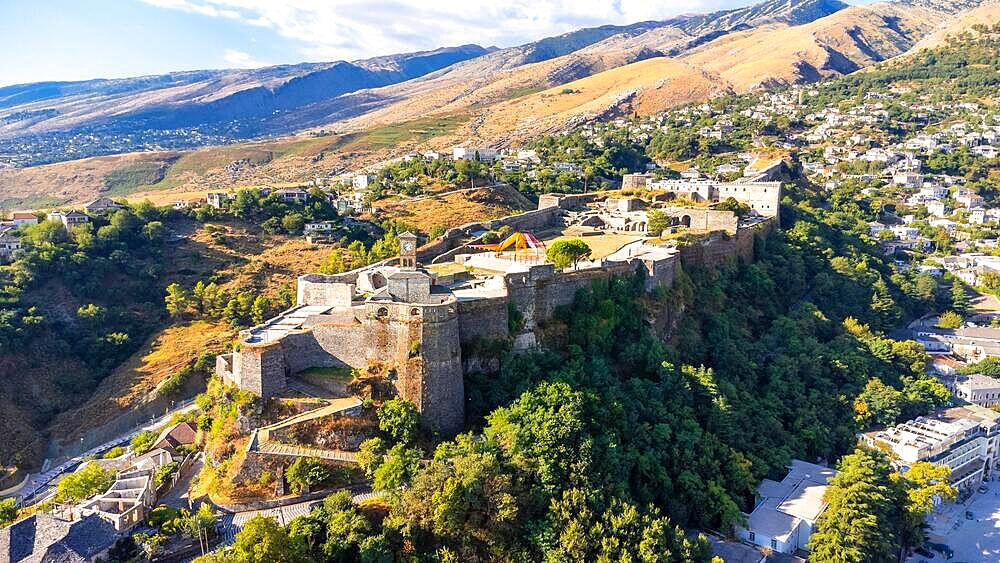 Aerial view of the old castle and fortress of Gjirokaster or Gjirokastra, Albania, Europe