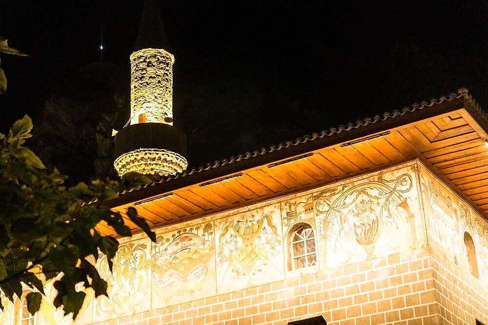 Illuminated detail of the historic city of Berat in Albania, UNESCO, the city of a thousand windows