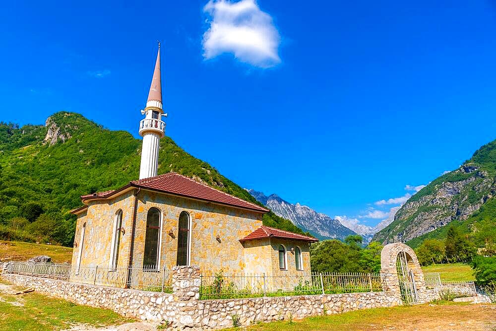 Beautiful mosque at Dragobi in the Valbona Valley, Theth National Park, Albanian Alps, Albania, Europe