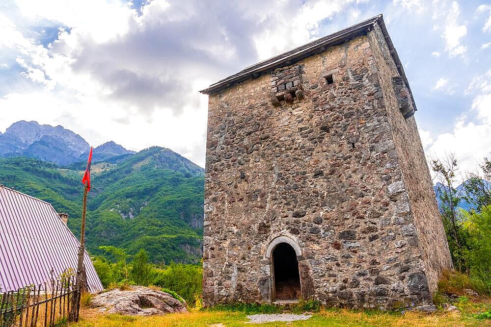 The beautiful Nikoll Koceku tower in the valley of Theth National Park, Albania. albanian alps