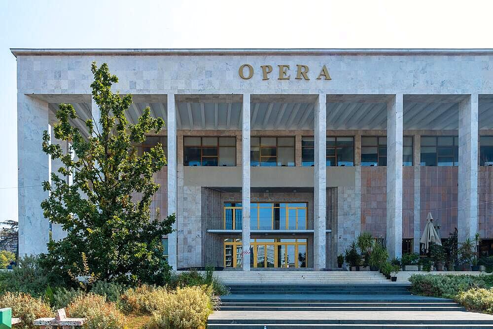 Entrance to the Palace of Culture or Opera at Skanderbeg Square in Tirana. Albania