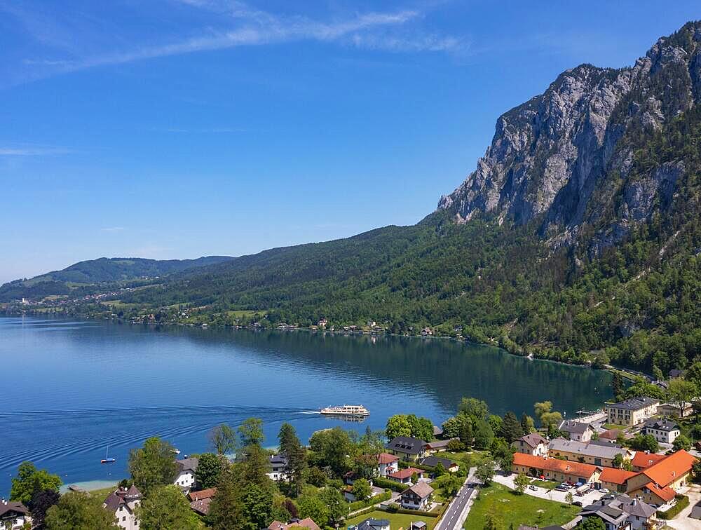 Drone shot, Weissenbach am Attersee with Hoellengebirge, Salzkammergut, Upper Austria, Austria, Europe