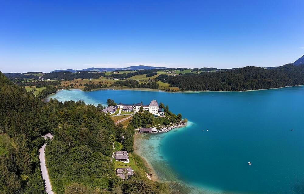 Drone shot, Fuschl Castle, Fuschlsee, Fuschl am See, Salzkammergut, Land Salzburg, Austria, Europe