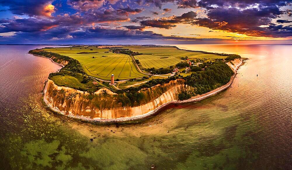 Drone view of lighthouses in sunset from northern part of island of Ruegen, called Kap Arkona