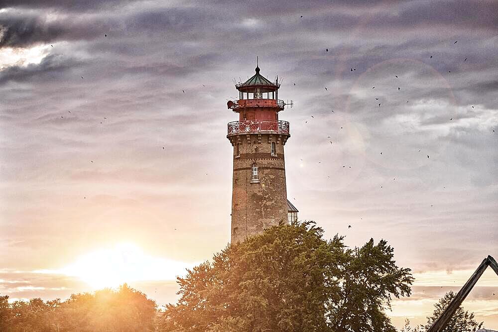 Drone view of lighthouses in sunset from northern part of island of Ruegen, called Kap Arkona