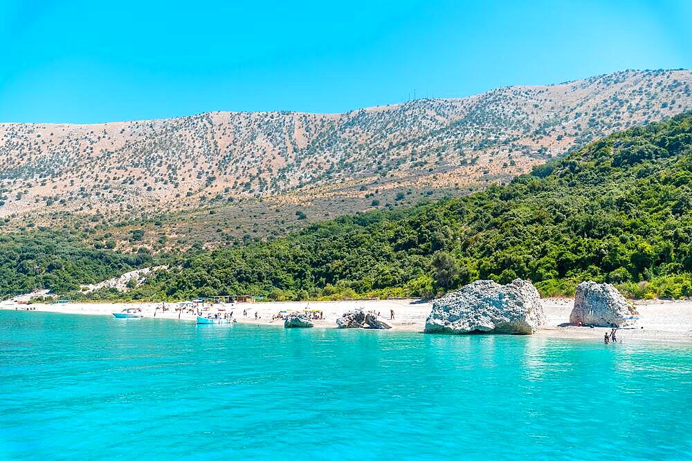 Paradise beach of Kroreza or Krorez seen from the boat on the Albanian riviera in Sarande, Albania, Europe