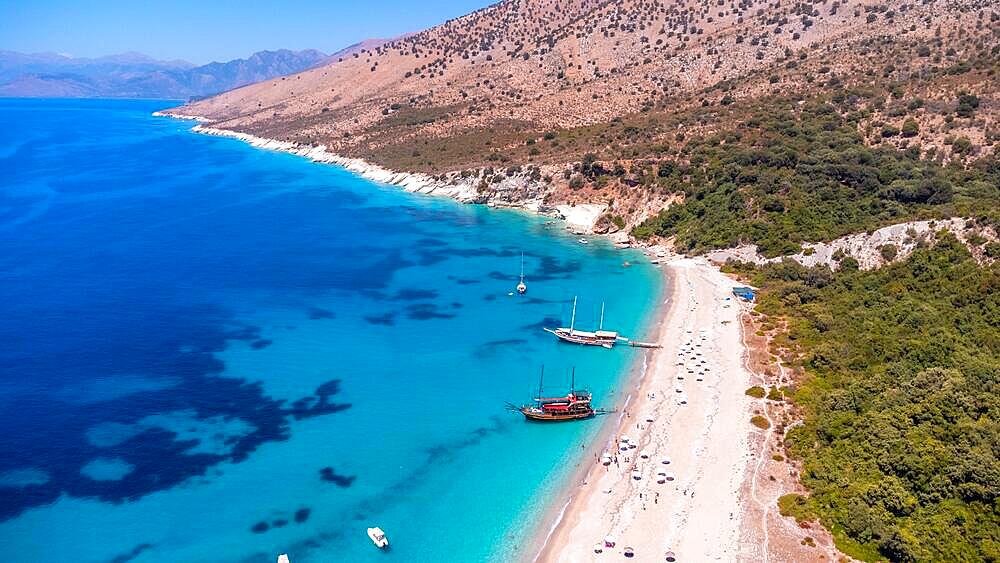 Aerial drone view of the paradise beach of Kroreza or Krorez on the Albanian riviera in Sarande, Albania, Europe