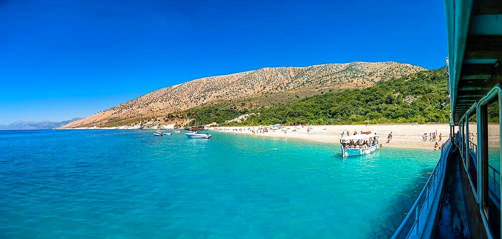 Panoramic view of the paradise beach of Kroreza or Krorez from the boat on the Albanian riviera in Sarande, Albania, Europe