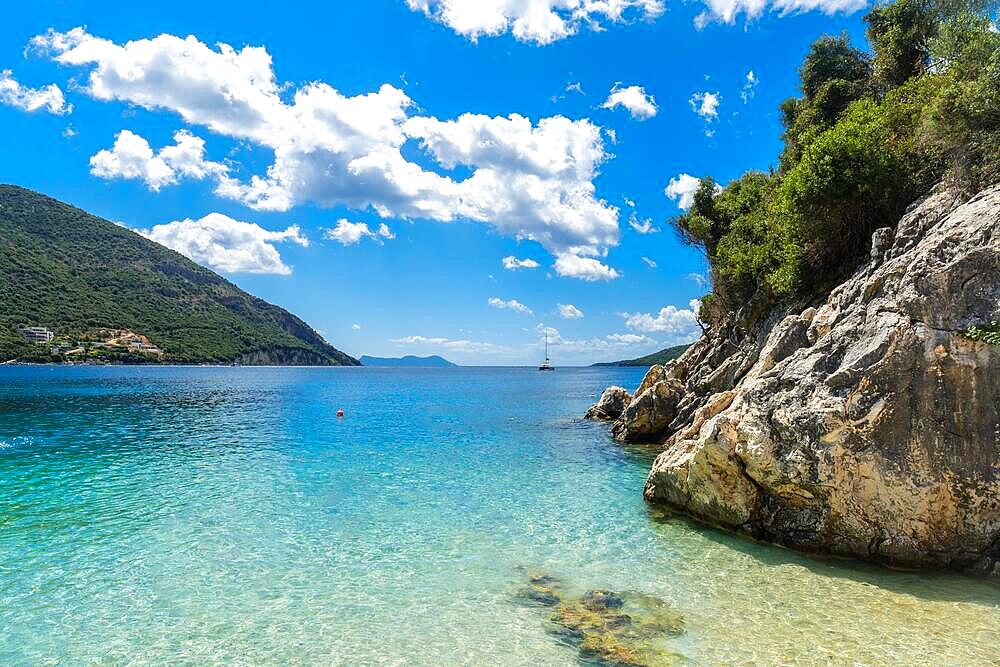 Beautiful beach in summer of Paralia Mikros Gialos in the south of the island of Lefkada. Greece