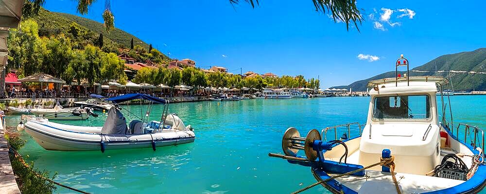 Coastal panorama in the city of Vasiliki with its turquoise sea in the south of the island of Lefkada. Greece