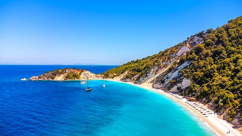 Aerial view of the paradise beach with turquoise water of Gidaki on the island of Ithaki or Ithaca in the Ionian sea in the Mediterranean sea of Greece