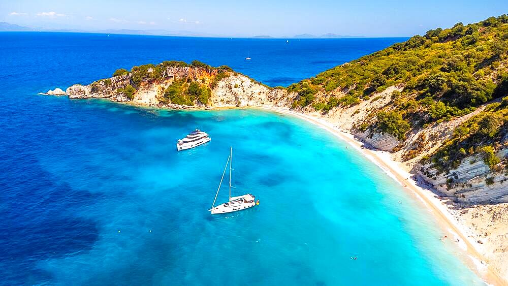 Aerial view of the paradise beach of Gidaki on the island of Ithaki or Ithaca in the Ionian sea in the Mediterranean sea of Greece